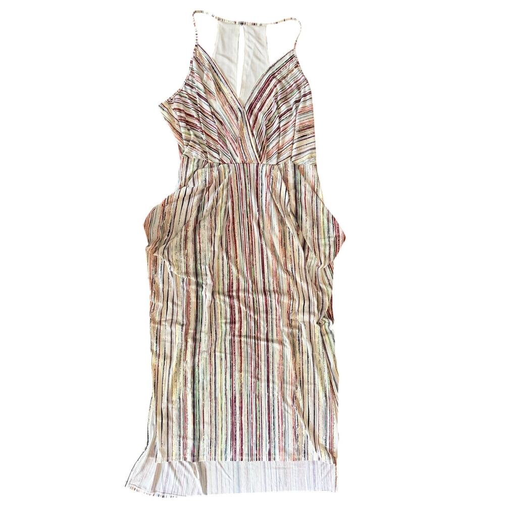 BCBGeneration Women's Multicolor Striped Maxi Dress Racerback Draped Resort L